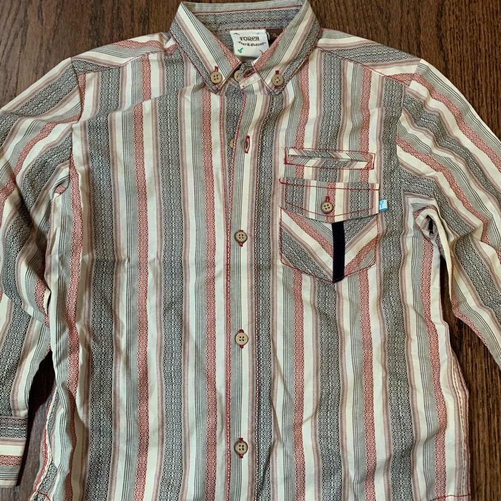 Boys red and blue striped button down shirts